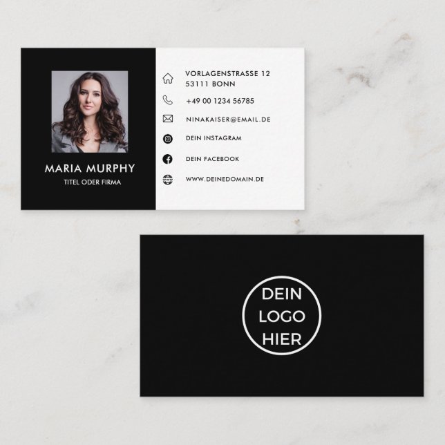 Schwarz Weiß Visitenkarte Mit Foto/Logo Business Card (Front/Back)
