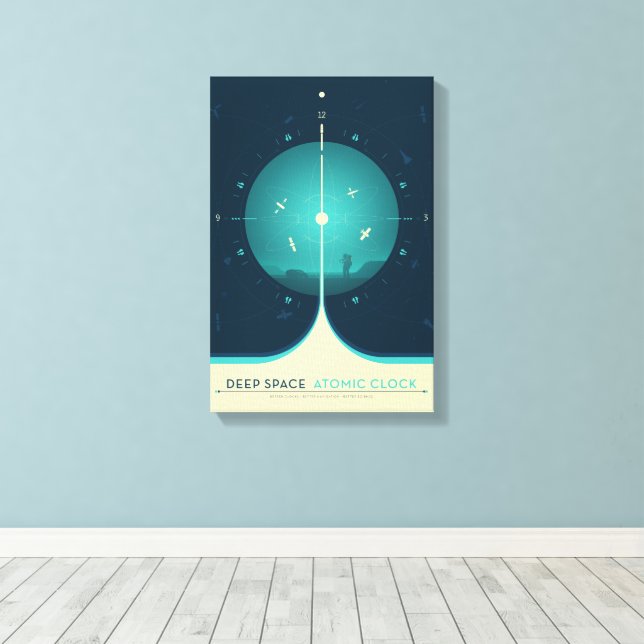 Sci-Fi Ad, Blue Atomic Clock, Deep Space Canvas Print (Insitu(Wood Floor))
