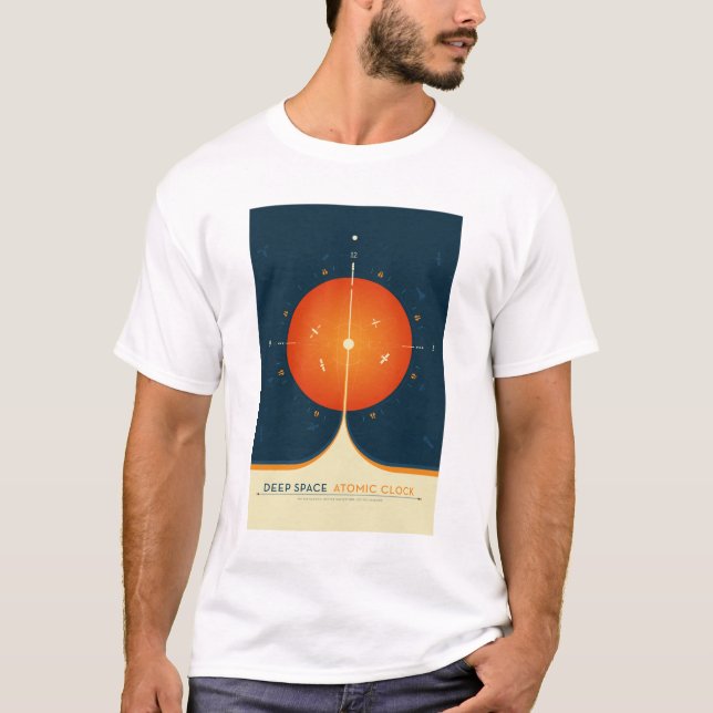 Sci-Fi Ad, Orange Atomic Clock, Deep Space T-Shirt (Front)