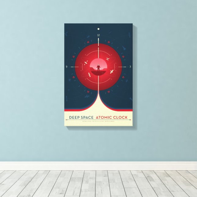 Sci-Fi Ad, Red Atomic Clock, Deep Space Canvas Print (Insitu(Wood Floor))