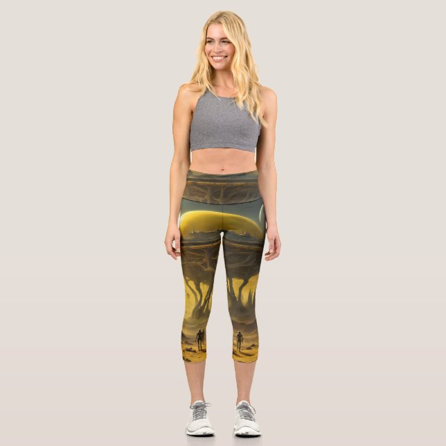 Sci-Fi Alien World View Planet Ufo Tower Capri Leggings (Front)