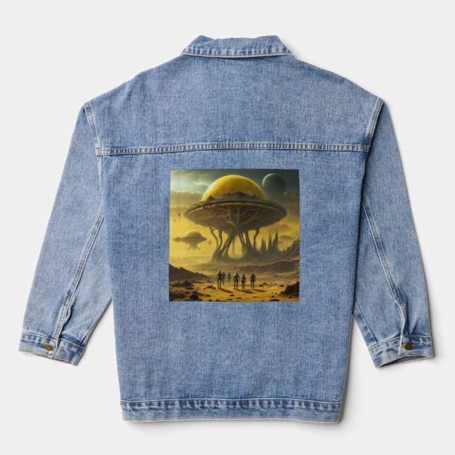 Sci-Fi Alien World View Planet Ufo Tower Denim Jacket (Back)