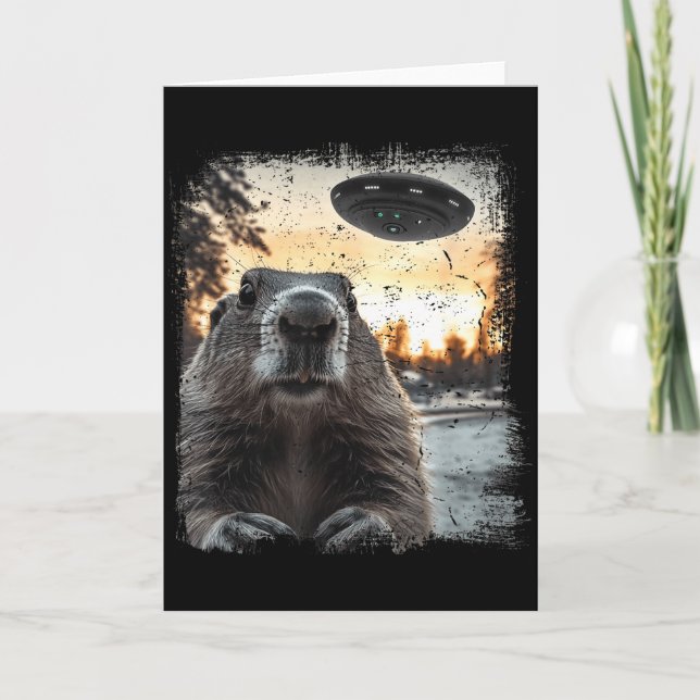 Sci-fi Aliens Landing Weird Ufo Groundhog  Card (Front)
