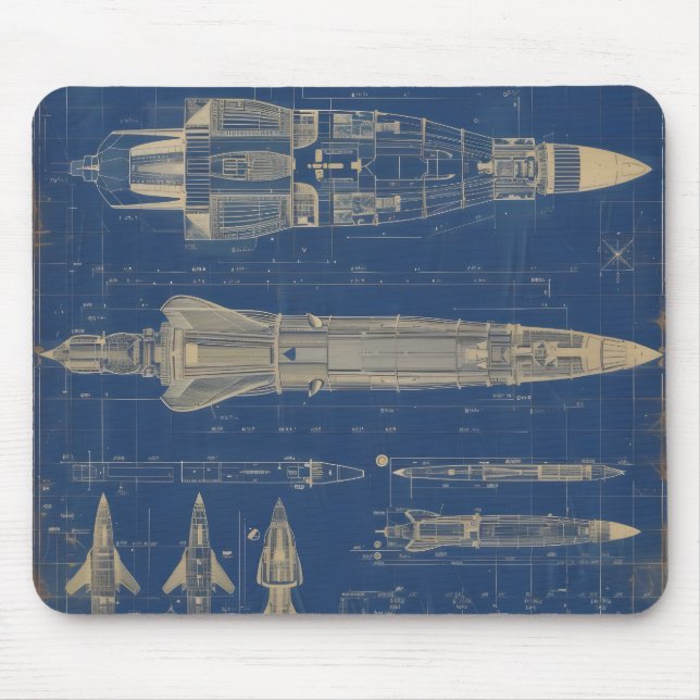 Sci-Fi Blueprint Rocket Mouse Mat (Front)