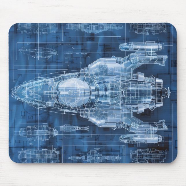 Sci-Fi Blueprint Space Ship Mouse Mat (Front)
