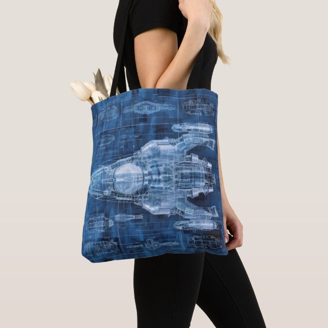 Sci-Fi Blueprint Space Ship Tote Bag (Close Up)