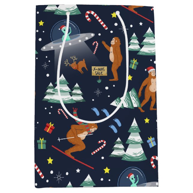 Sci-Fi Christmas | Big Foot, Aliens, & Reindeer Medium Gift Bag (Front)