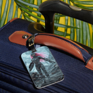 Sci-Fi Cyborg Warrior with Pink Hair and Winged Ar Luggage Tag
