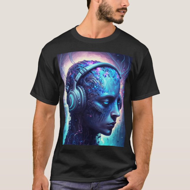 Sci-Fi Edm Android wearing Festival Headphones T-Shirt (Front)