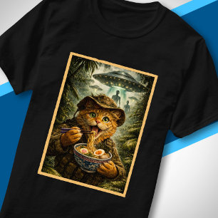Sci Fi Jungle Cat Eating Ramen Alien Encounter Art T-Shirt