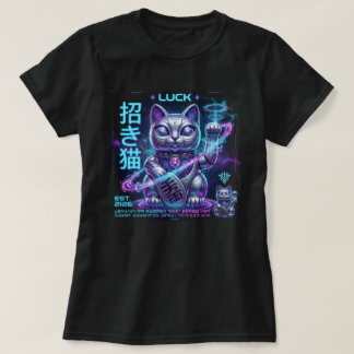 Sci-Fi Lucky Cat Maneki Neko Cosmic Charm Graphic  T-Shirt