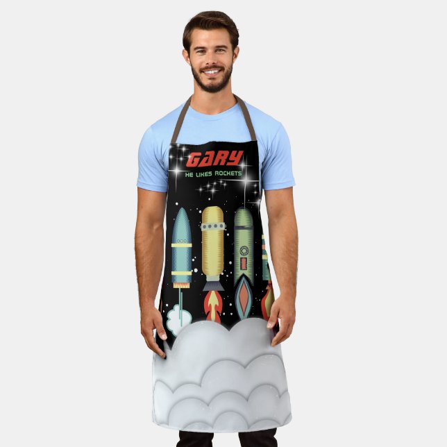 Sci-fi retro rockets outer space personalised apron (Worn)