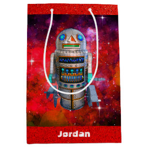 Sci fi retro toy robot red galaxy custom name cool medium gift bag