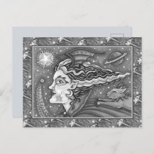 SCI FI SPACE WITCH & COMET CAT BLK/WHITE HALLOWEEN HOLIDAY POSTCARD