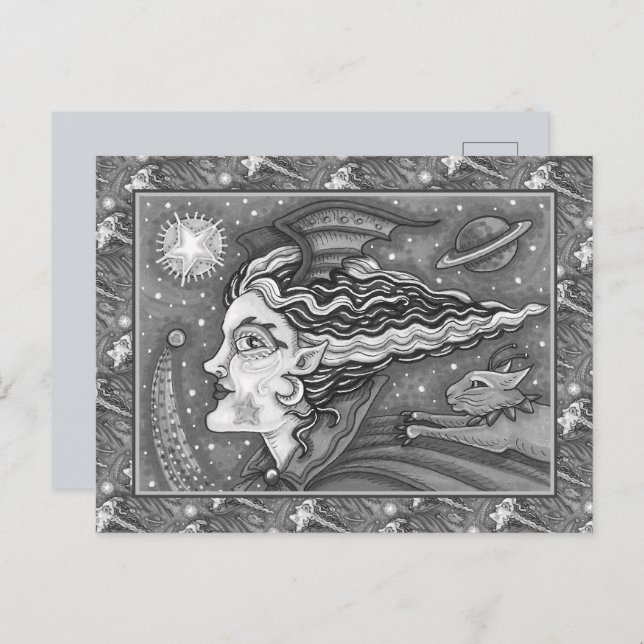 SCI FI SPACE WITCH & COMET CAT BLK/WHITE HALLOWEEN HOLIDAY POSTCARD (Front/Back)