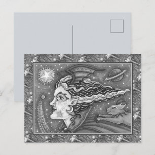 SCI FI SPACE WITCH & COMET CAT BLK/WHITE HALLOWEEN HOLIDAY POSTCARD