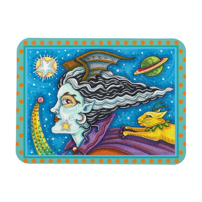 SCI FI SPACE WITCH & COMET CAT COLORFUL HALLOWEEN MAGNET (Horizontal)