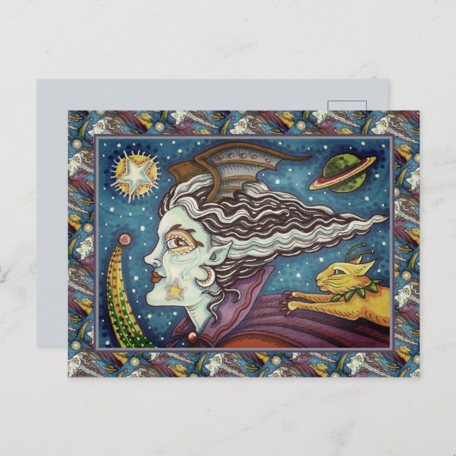 SCI FI SPACE WITCH & COMET CAT HUMOROUS HALLOWEEN HOLIDAY POSTCARD (Front/Back)