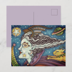 SCI FI SPACE WITCH & COMET CAT HUMOROUS HALLOWEEN HOLIDAY POSTCARD