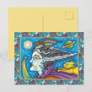 SCI FI SPACE WITCH & COMET CAT HUMOROUS HALLOWEEN HOLIDAY POSTCARD