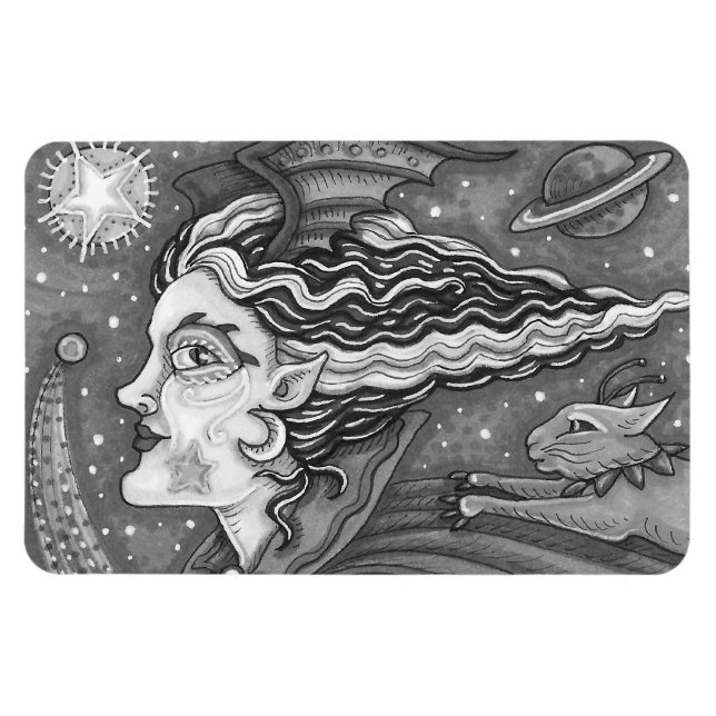 SCI FI SPACE WITCH & COMET CAT HUMOROUS HALLOWEEN MAGNET (Horizontal)