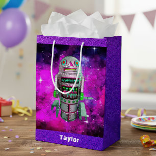 Sci fi toy robot purple galaxy custom name retro medium gift bag
