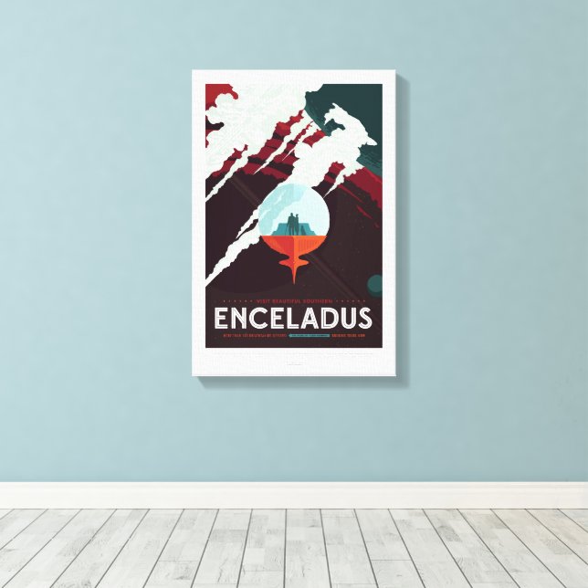 Sci-Fi Travel Ad, Planet Enceladus Canvas Print (Insitu(Wood Floor))