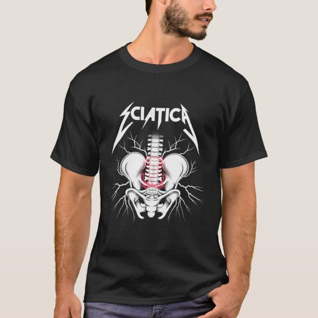 Sciatica Skeleton - Funny Rock T-Shirt (Front)