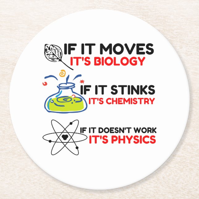 Science BIOLOGY CHEMISTRY PHYSICS Round Paper Coaster (Front)