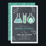 Science Experiment Black Chalkboard Birthday Invitation<br><div class="desc">This cool  "birthday experiment" science birthday party invitation features a chalkboard /  blackboard background with flasks,  and a test tube framed by a white border. The reverse side features a teal background with molecule patterns. Personalise for your needs. You can find matching products at my store.</div>