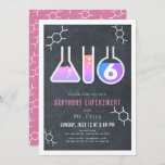 Science Experiment Black Chalkboard Girl Birthday Invitation<br><div class="desc">This cool  "birthday experiment" science birthday party invitation for girls features a chalkboard/blackboard background with flasks,  and a test tube framed by a white border. The reverse side features a pink background with molecule patterns. Personalise for your needs. You can find matching products at my store.</div>