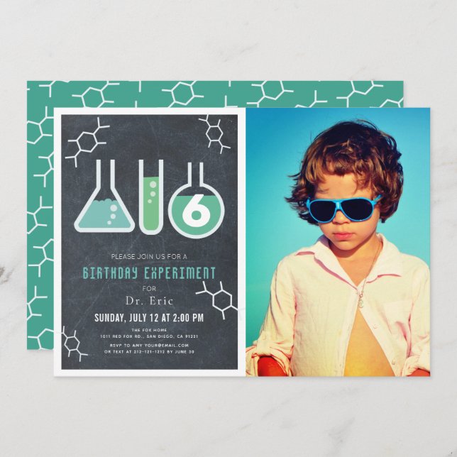Science Experiment Black Chalkboard Photo Birthday Invitation (Front/Back)