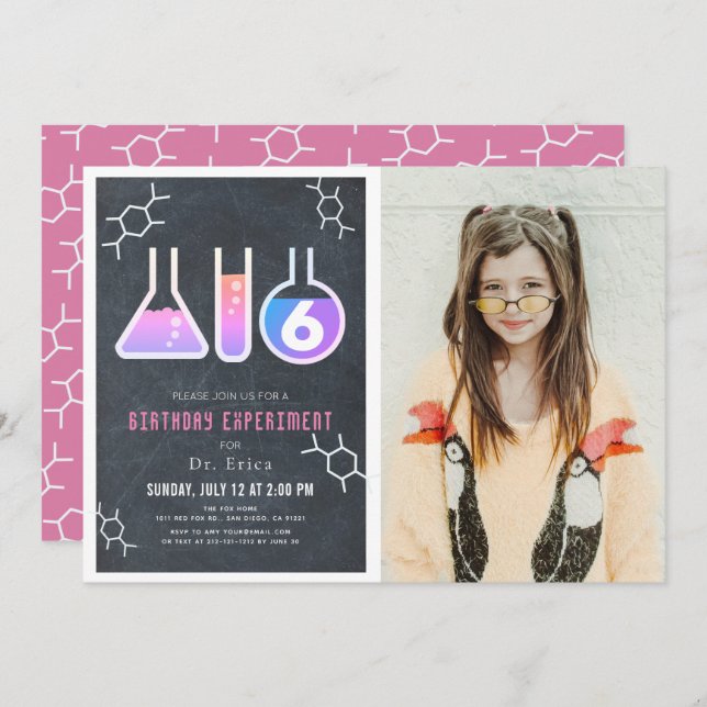 Science Experiment Chalkboard Girl Photo Birthday Invitation (Front/Back)