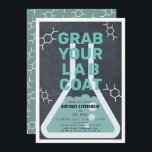 Science Experiment Flask Chalkboard Birthday Invitation<br><div class="desc">This cool  "grab your lab coat" science birthday experiment party invitation features a chalkboard /  blackboard background with a flask framed by a white border. The reverse side features a teal background with molecule patterns. Personalise for your needs. You can find matching products at my store.</div>