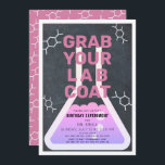 Science Experiment Flask Chalkboard Girl Birthday Invitation<br><div class="desc">This cool "grab your lab coat" science birthday experiment party invitation for girls features a chalkboard / blackboard background with a flask framed by a white border. The reverse side features a pink background with molecule patterns. Personalise for your needs. You can find matching products at my store.</div>