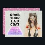 Science Experiment Flask Pink Girl Photo Birthday Invitation<br><div class="desc">This cool  "grab your lab coat" science birthday experiment party photo invitation for girls features a light grey background with a flask. The reverse side features a pink background with molecule patterns. Personalise for your needs. You can find matching products at my store.</div>