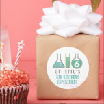 Science Experiment Green Boy Birthday Classic Round Sticker<br><div class="desc">This cool "birthday experiment" boy's science birthday party sticker features a white background with flasks,  and a test tube in green. Personalise for your needs. You can find matching products at my store.</div>