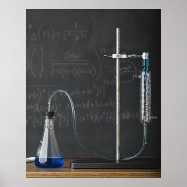 Science experiment in front of blackboard poster (Front)
