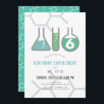 Science Experiment White & Green Boy Birthday Invitation<br><div class="desc">This cool  "birthday experiment" science birthday party invitation features a white background with flasks,  and a test tube. The reverse side features a teal background with molecule patterns. Personalise for your needs. You can find matching products at my store.</div>