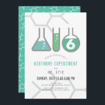 Science Experiment White & Green Boy Birthday Invitation<br><div class="desc">This cool  "birthday experiment" science birthday party invitation features a white background with flasks,  and a test tube. The reverse side features a teal background with molecule patterns. Personalise for your needs. You can find matching products at my store.</div>