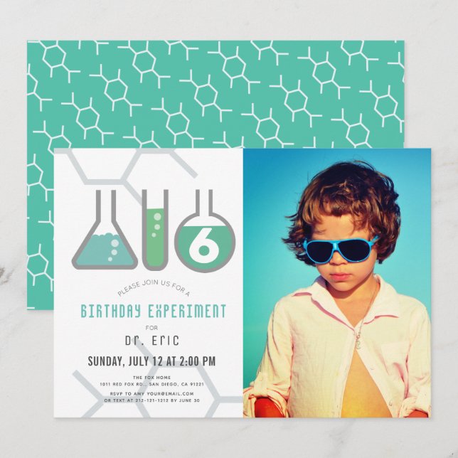 Science Experiment White Green Boy Photo Birthday Invitation (Front/Back)