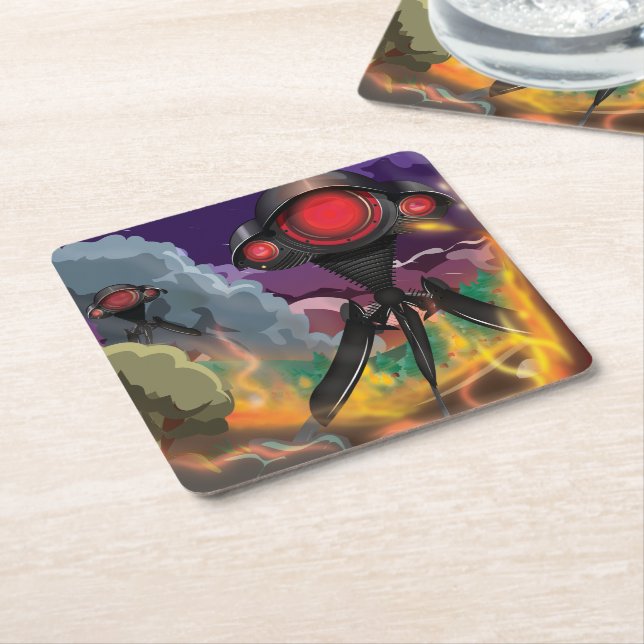 Science Fiction Alien Tripod Attack! Square Paper Coaster (Angled)