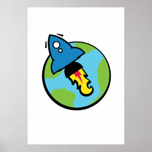 Science fiction cartoon Rocket And Planet Poster