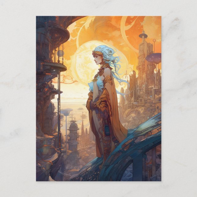 Science Fiction City Landscape Lady Sci Fi Postcard (Front)