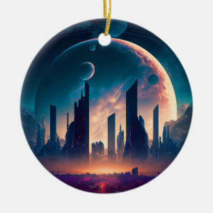 Science Fiction Cyberpunk Space City Ceramic Tree Decoration
