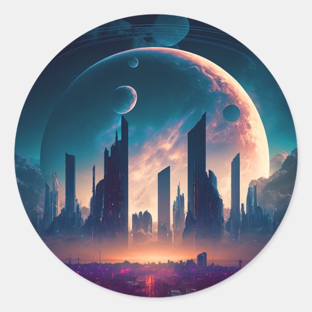 Science Fiction Cyberpunk Space City Classic Round Sticker (Front)