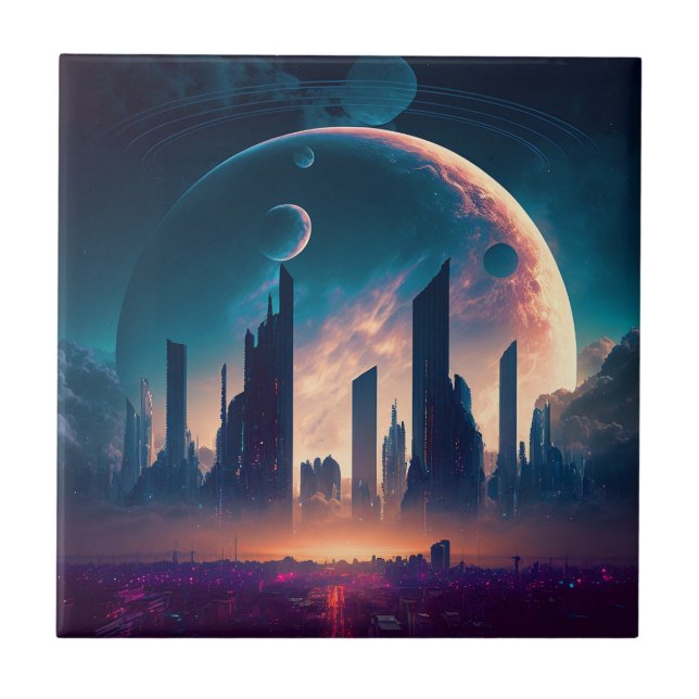 Science Fiction Cyberpunk Space City Tile (Front)
