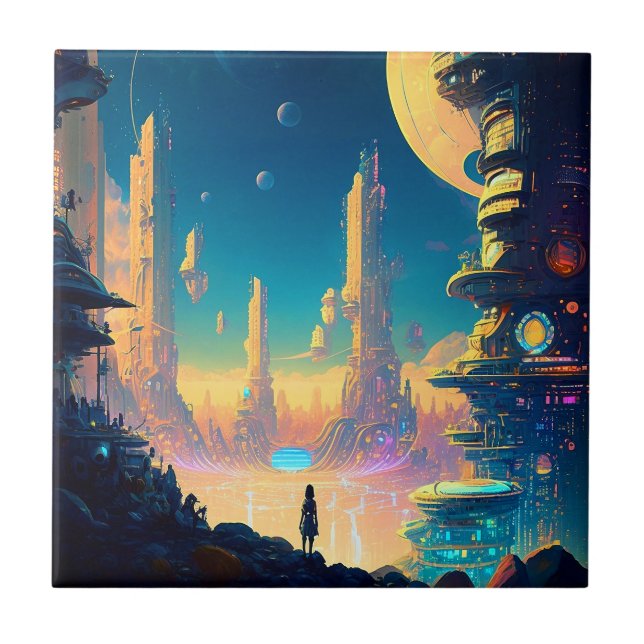 Science Fiction Futuristic City Ceramic Tile (Front)