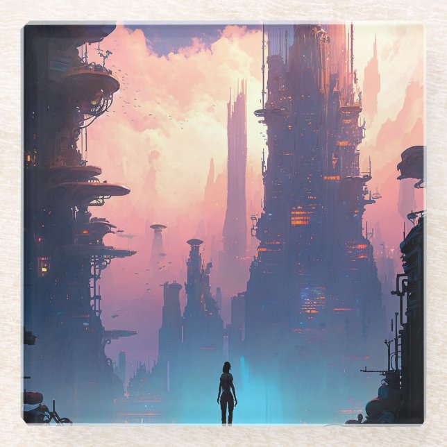 Science Fiction Futuristic City Glass Coaster (Front)