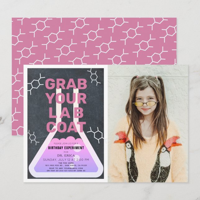 Science Flask Chalkboard Girl Pink Photo Birthday Invitation (Front/Back)